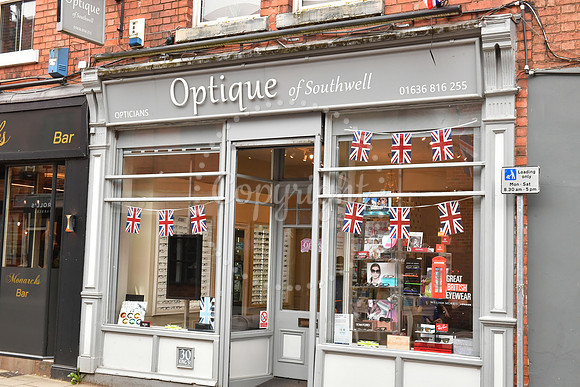 Southwell town centre and shop windows decorated for VE Day
