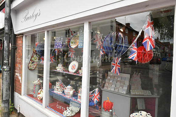 Southwell town centre and shop windows decorated for VE Day