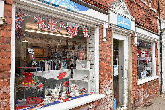 Southwell town centre and shop windows decorated for VE Day