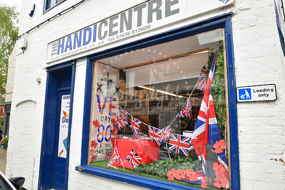 Southwell town centre and shop windows decorated for VE Day
