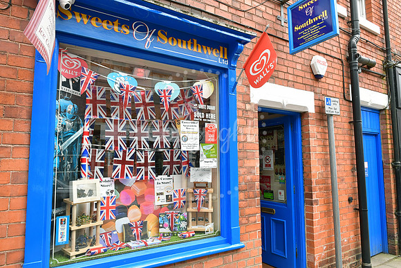 Southwell town centre and shop windows decorated for VE Day
