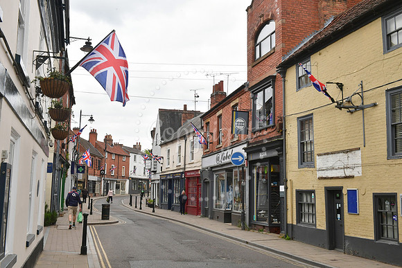 Southwell town centre and shop windows decorated for VE Day
