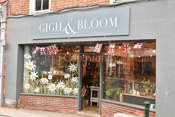 Southwell town centre and shop windows decorated for VE Day